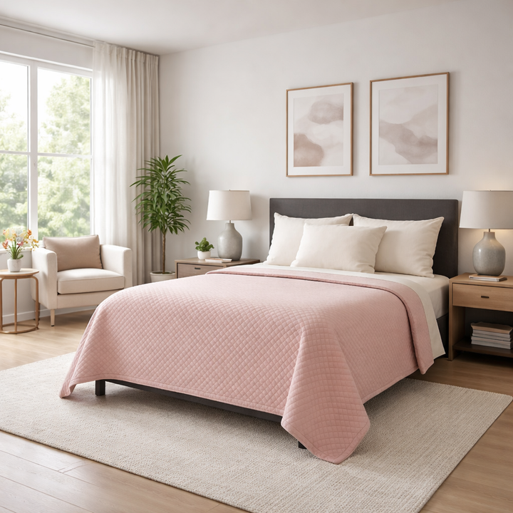 Trapunta matrimoniale con disegno a rombi rosa