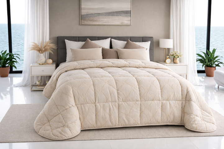 Trapunta invernale in piuma d'oca con disegni beige