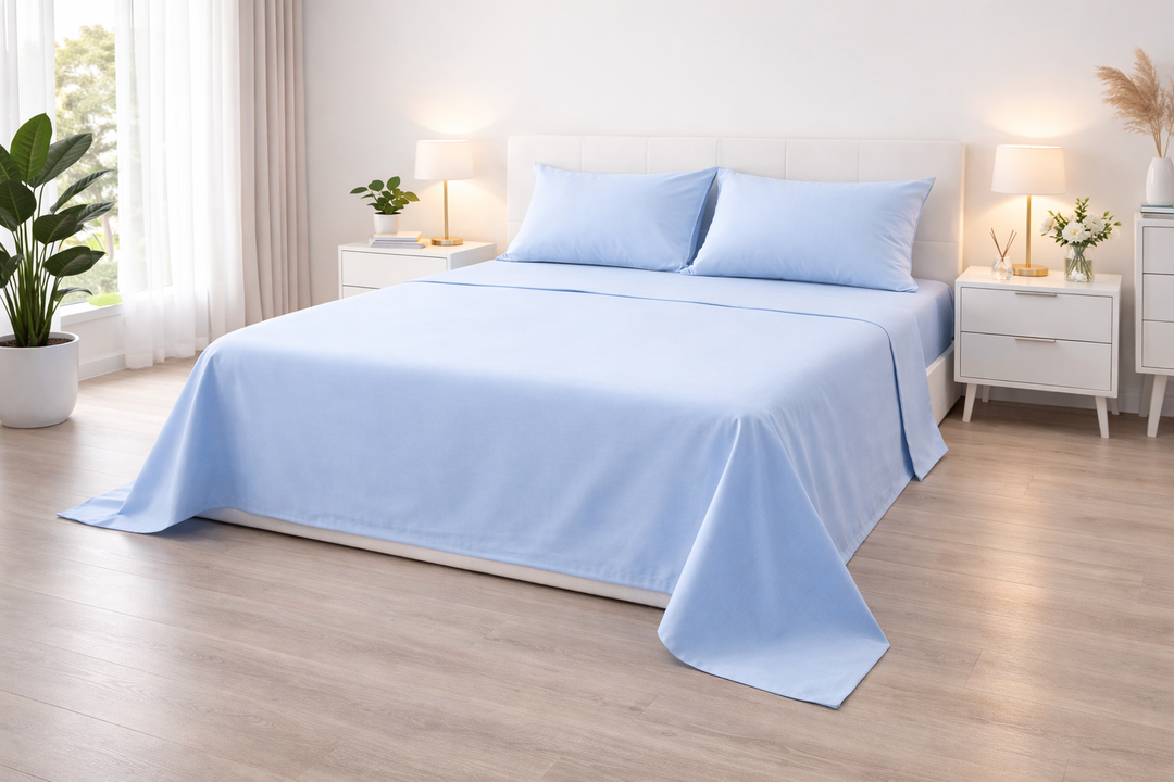 Set completo matrimoniale azzurro di cotone