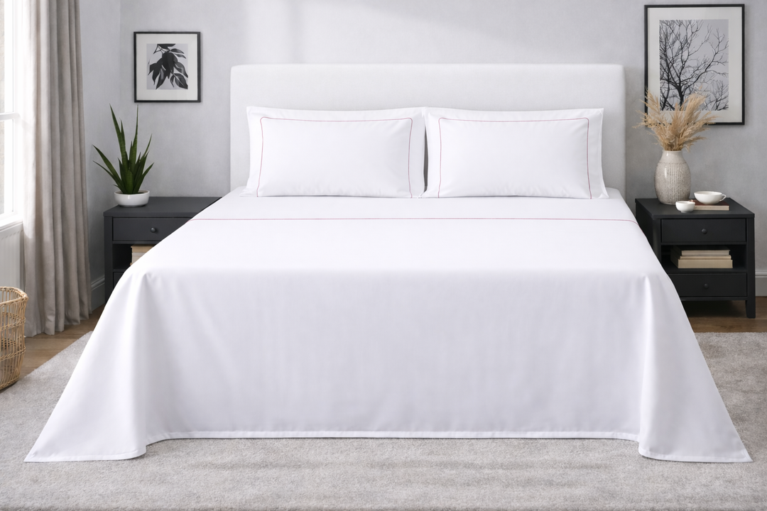 Parure di lenzuola matrimoniali bianche con cordonetto rosa