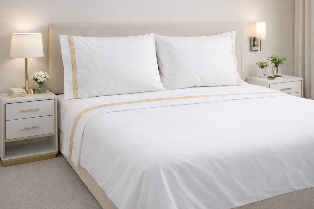 Completo letto matrimoniale di percalle bianco con bordo oro