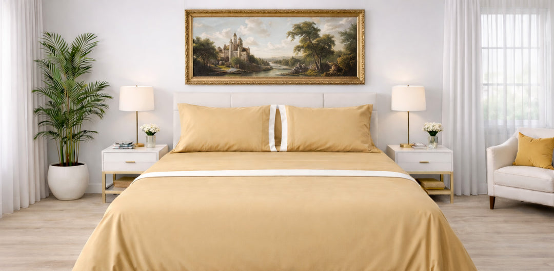 Lenzuola di percalle oro con fascione bianco