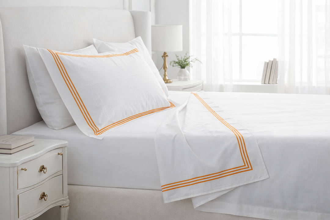 Lenzuola matrimoniali bianche con triplo cordonetto arancione