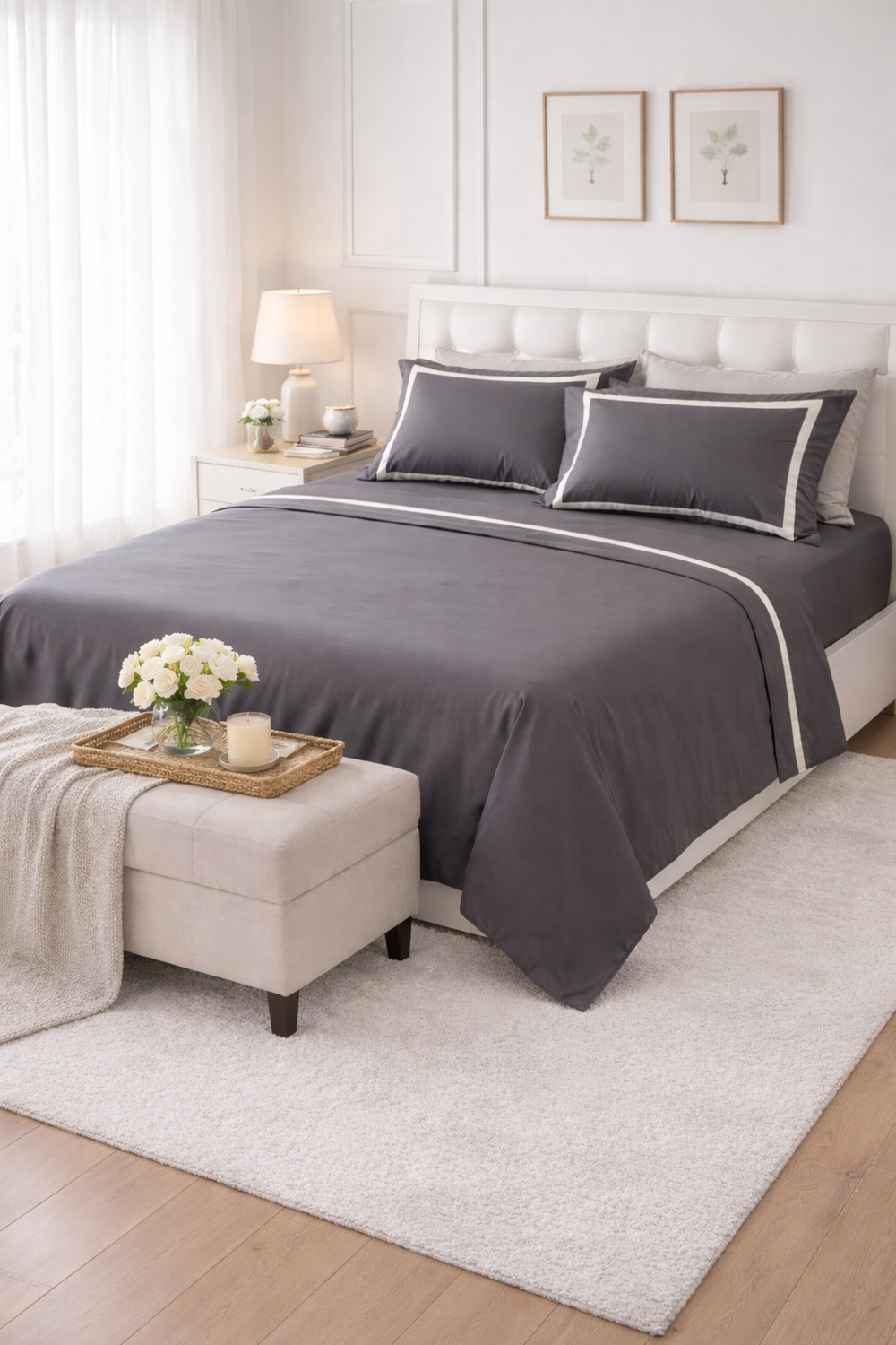 Lenzuola di percalle color antracite con cordonetto bianco