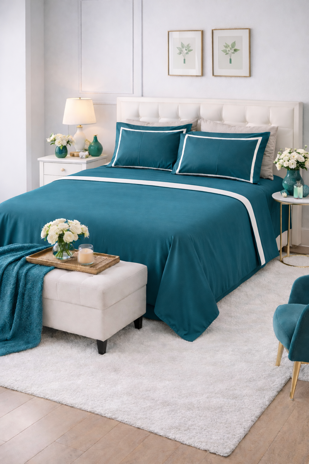 Parure lenzuola color ottanio con fascione bianco in percalle