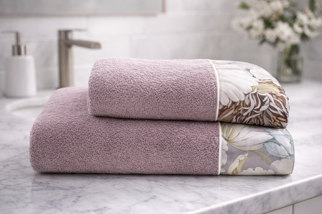 Asciugamani bagno in spugna viola scuro con balza a fiori