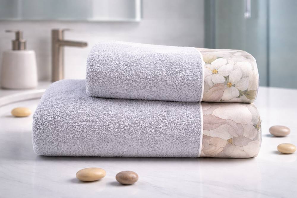 Asciugamani bagno in spugna azzurro con balza a fiori