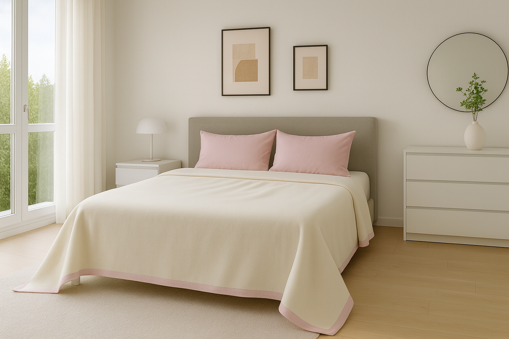 Coperta bianco naturale con bordo rosa