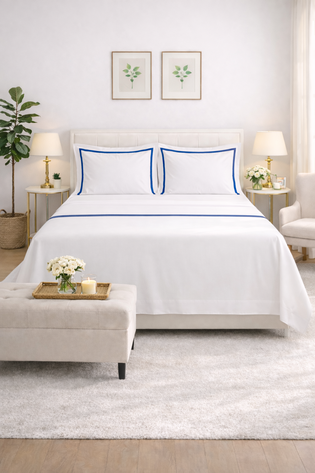 Lenzuola matrimoniali bianche con fascia color bluette