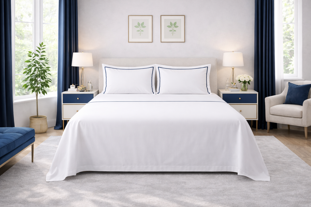 Lenzuola matrimoniale bianche con fascia blu