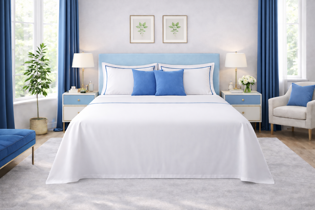 Parure di lenzuola bianche co  fascia azzurra in percalle