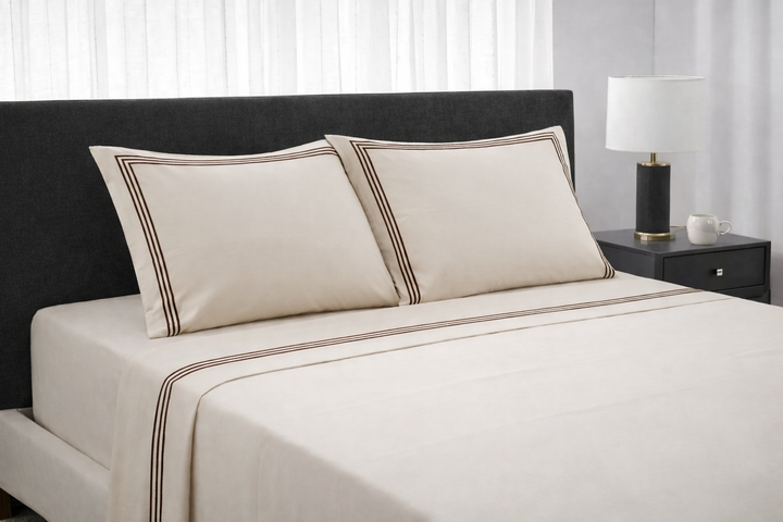 Parure di lenzuola beige con triplo cordonetto marrone