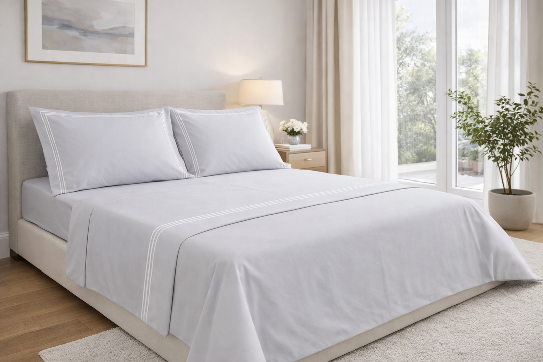 Lenzuola di percalle grigio perla con triplo cordonetto bianco