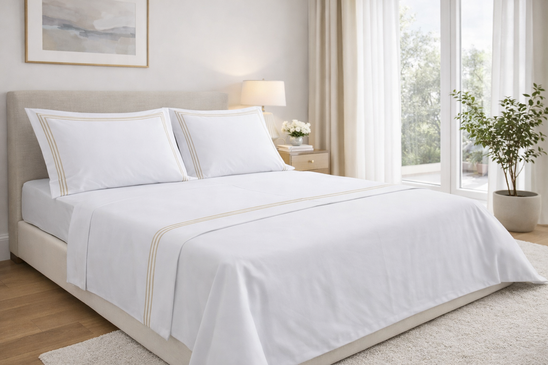 Lenzuola di percalle bianche con triplo cordonetto beige