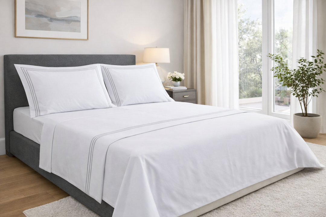 Lenzuola color bianco con triplo cordonetto grigio