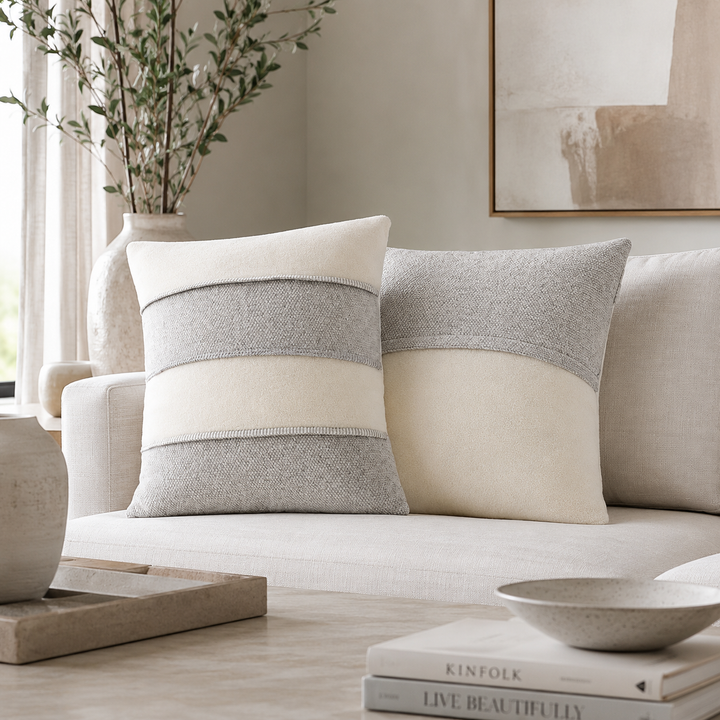 Cuscini d'arredo bicolore bianco e grigio di lana e cashmere