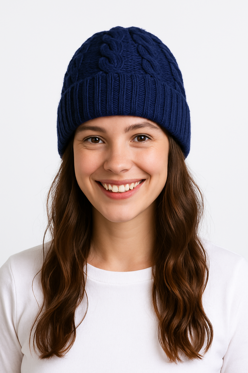 Cuffia a treccia di lana blu scuro