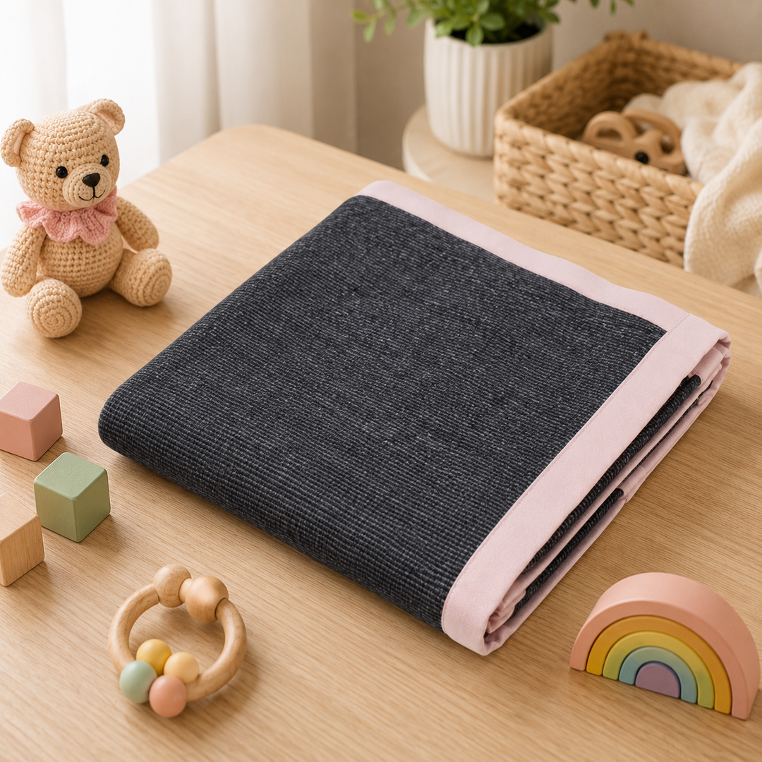Coperta leggera per lettino di lana e cashmere antracite con bordo rosa