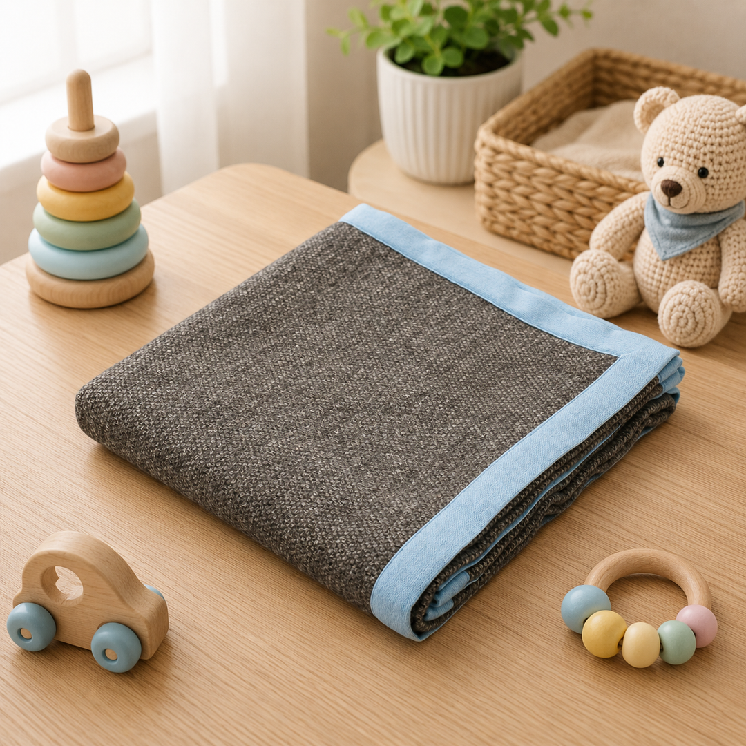 Coperta di misto lana invernale antracite con bordo azzurro