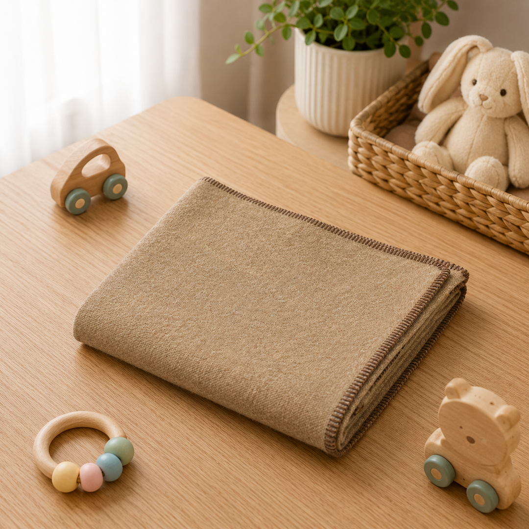 Coperta di lana e cashmere leggera marrone con punto cavallo