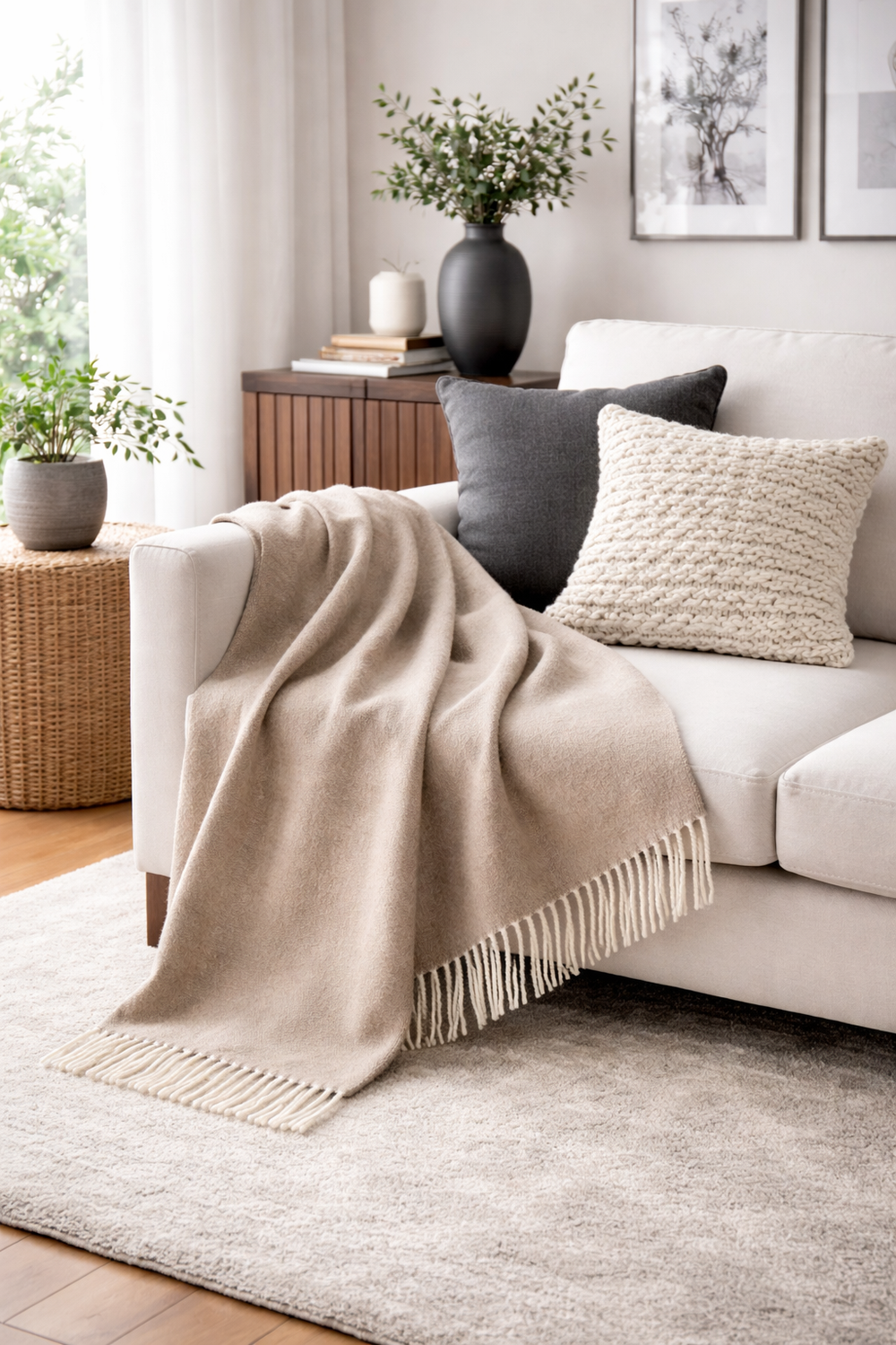 Plaid di lana invernale color beige chiaro