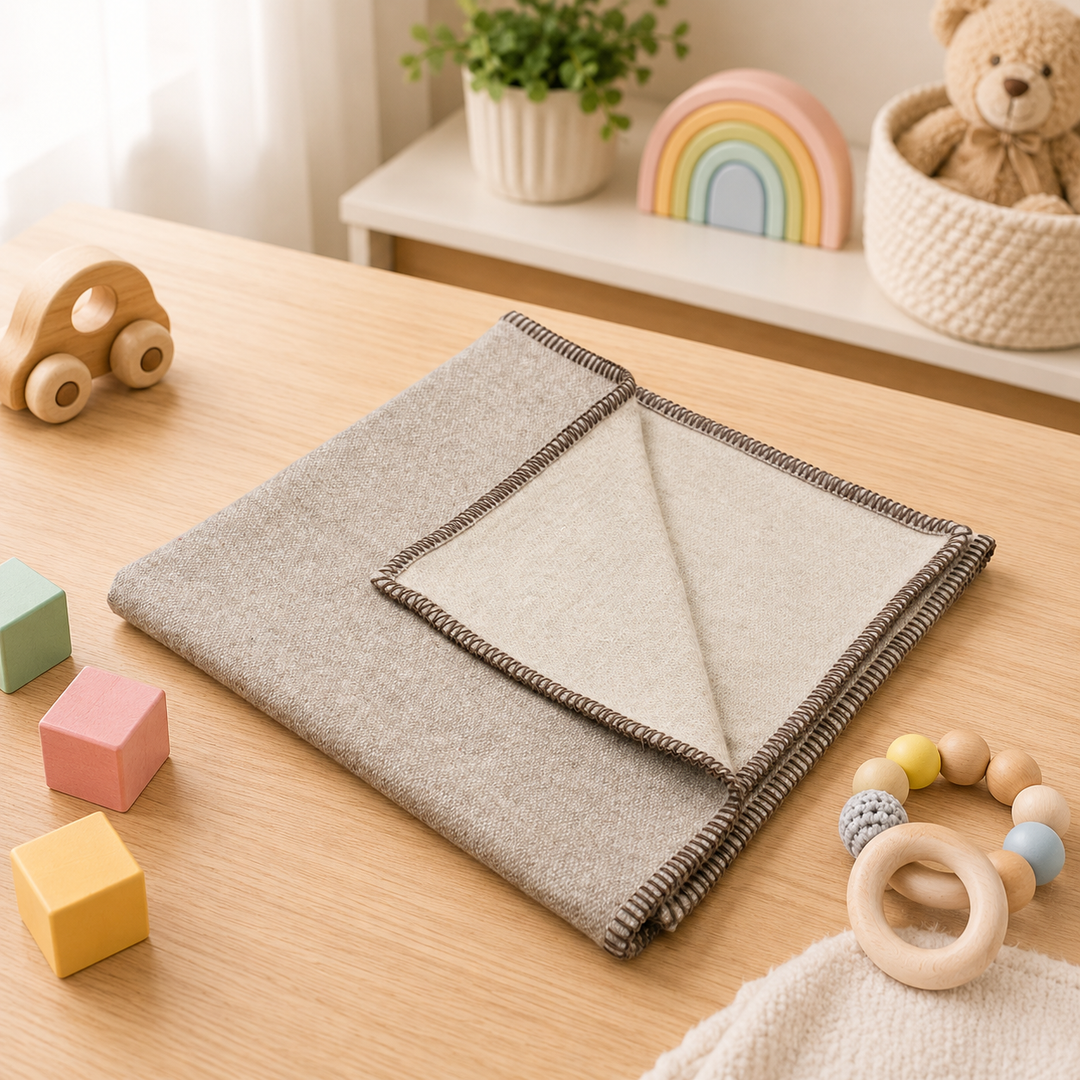 Coperta per culla marrone e beige rifinita punto cavallo