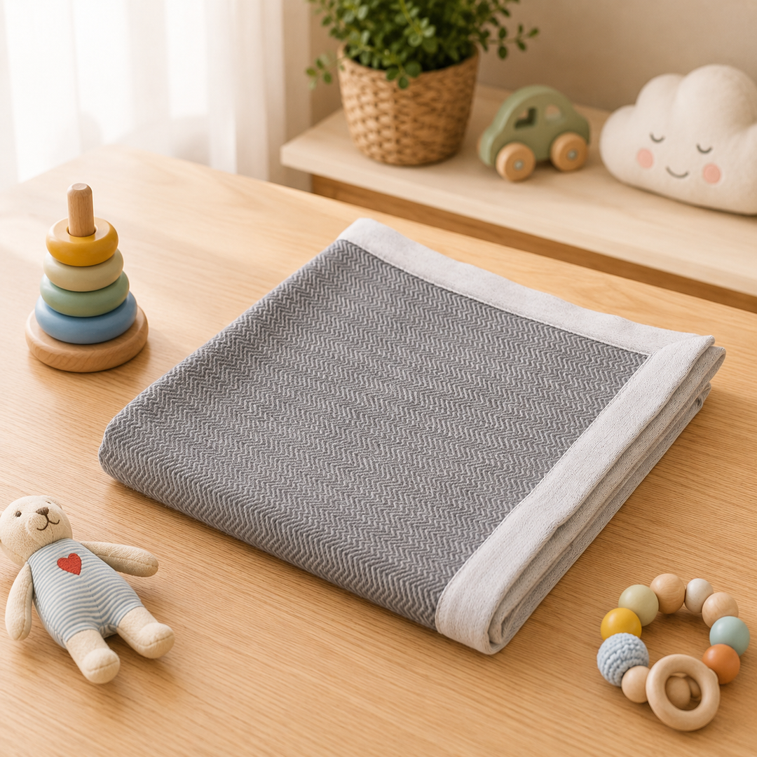 Copertina per culla di cashmere grigio con motivo chevron