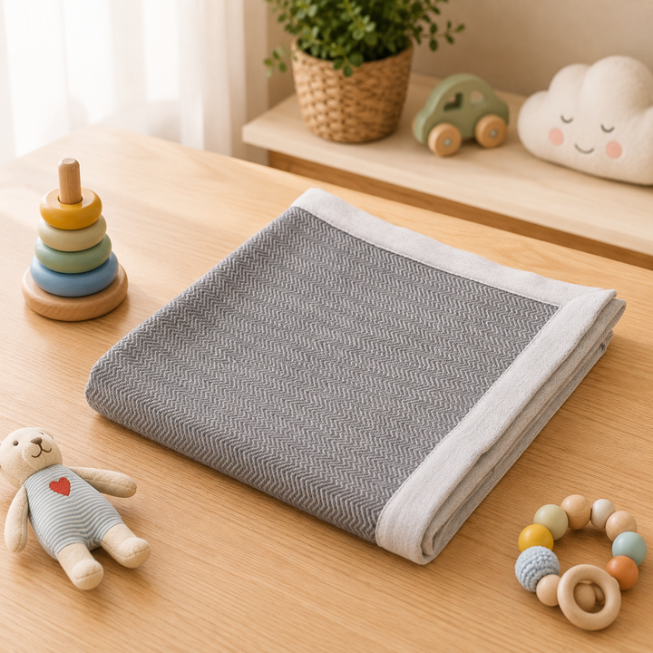 Copertina per culla di cashmere grigio con motivo chevron