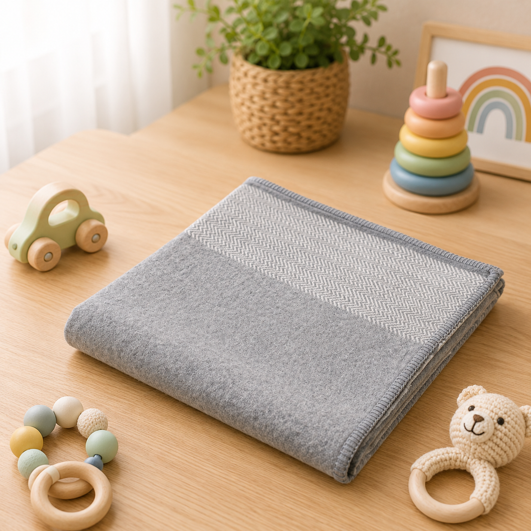Copertina per culla colore grigio con motivo chevron laterale