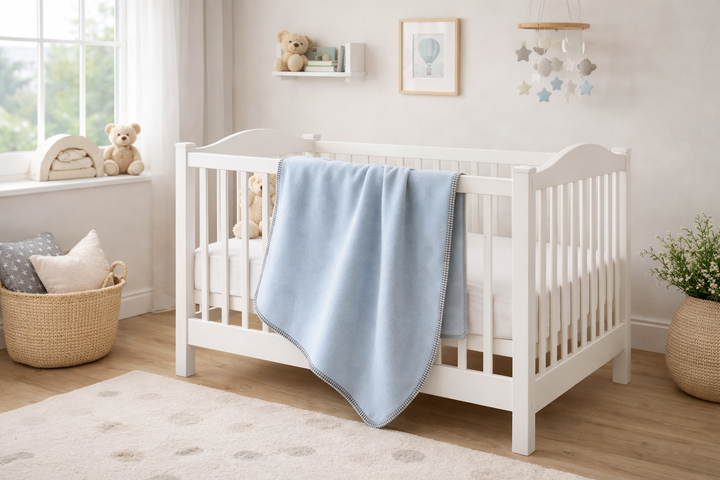 Copertina per lettino azzurra con bordo grigio perla invernale
