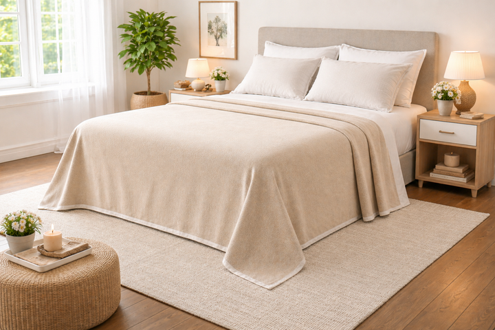 Coperta di lana e cashmere colore beige e bordo bianco