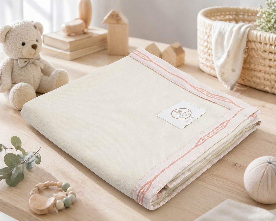 Copertina per culla o lettino bianco naturale con bordo rosa