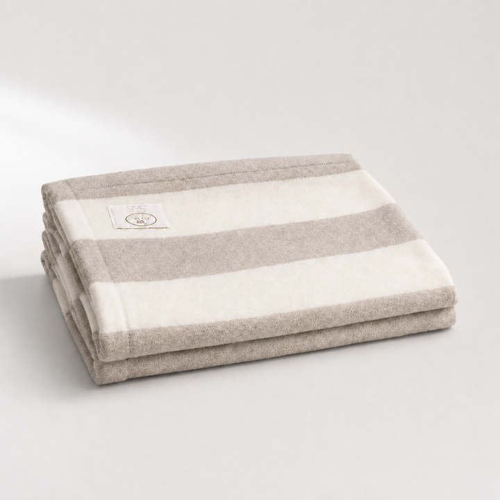 Lightweight 2 LARGE STRIPES  Blanket Cashmere and Wool with Folded edge