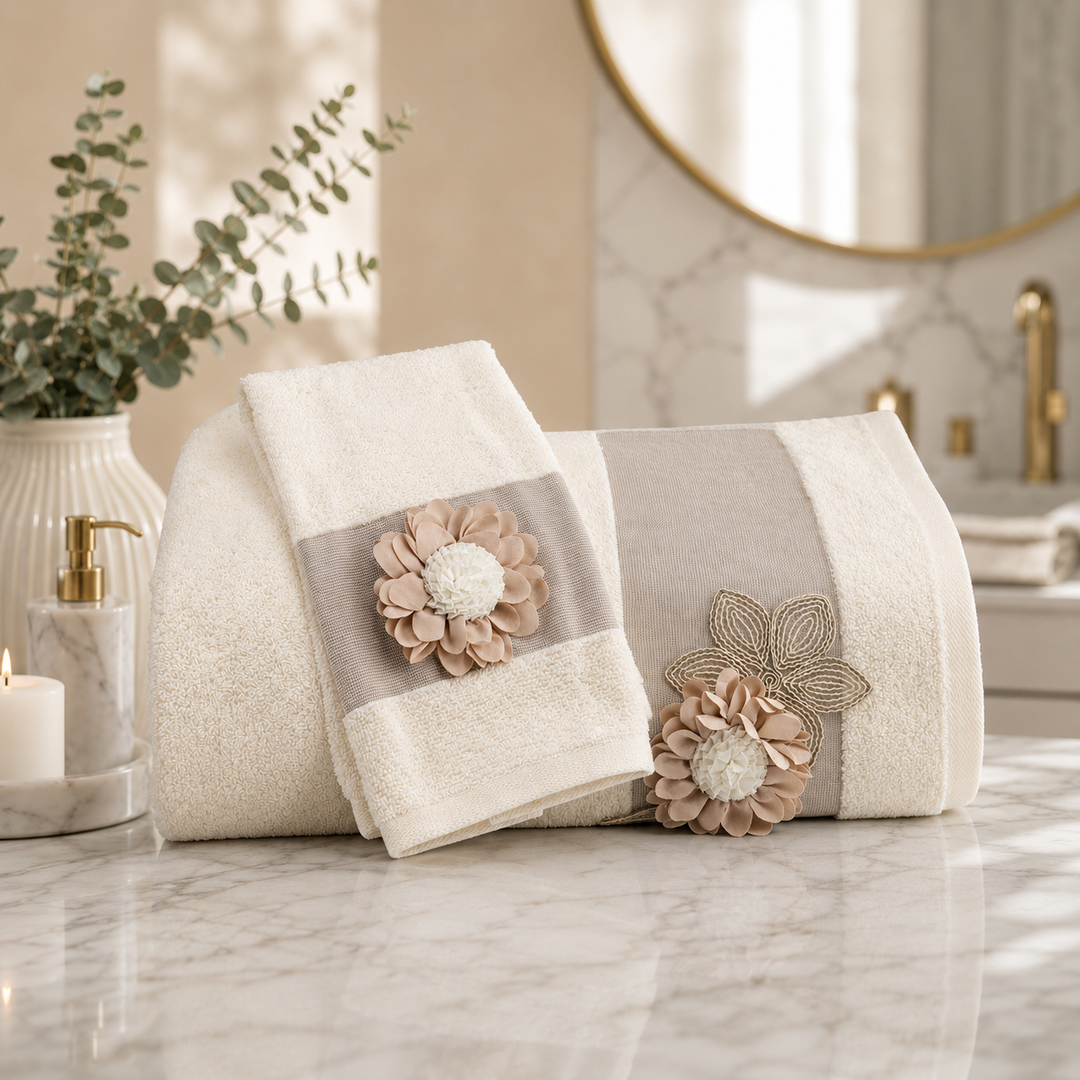 set completo bagno di spugna con fiore applicato