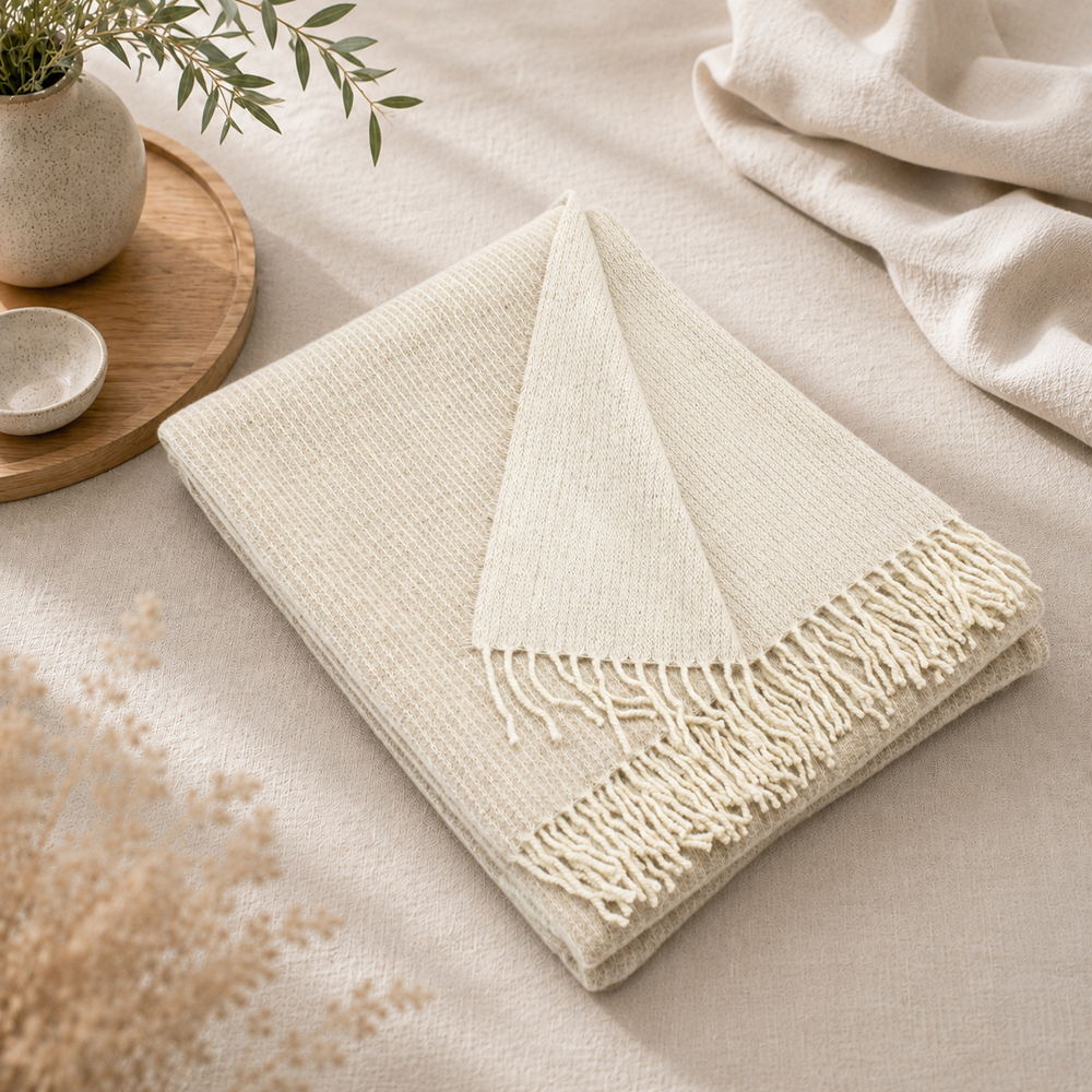 Plaid millerighe di lana e cashmere colore beige