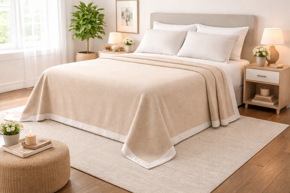 Coperta matrimoniale colore beige e bordo bianco