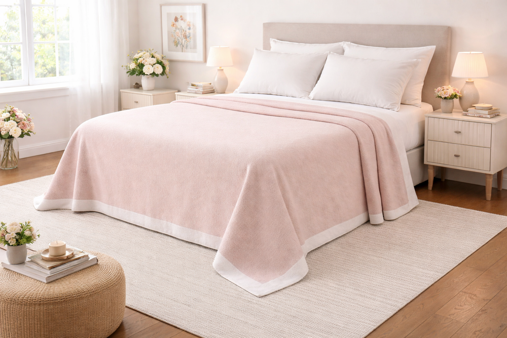 Coperta matrimoniale rosa e bordo bianco