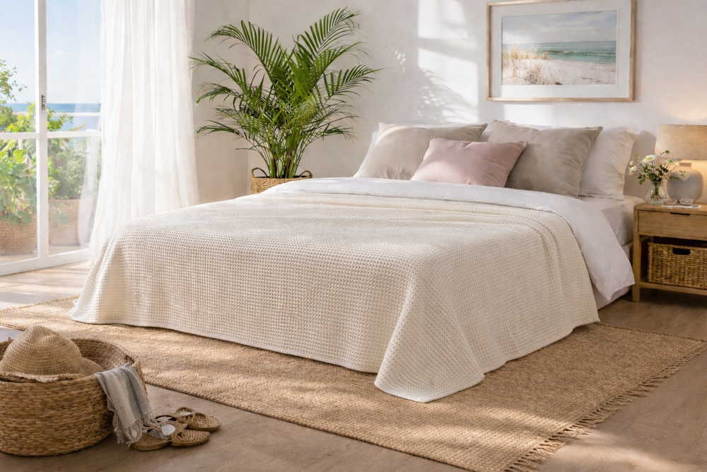 Coperta bianca a nido d'ape e bordo punto cavallo bianco