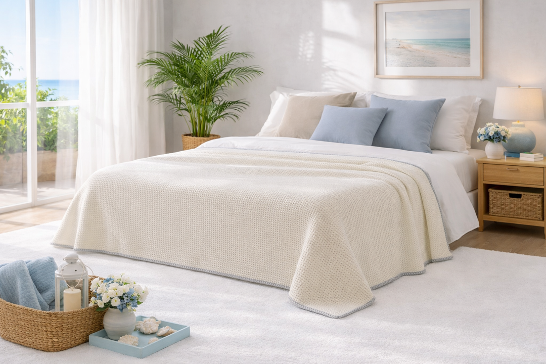 Coperta a nido d'ape bianca con bordo grigio perla