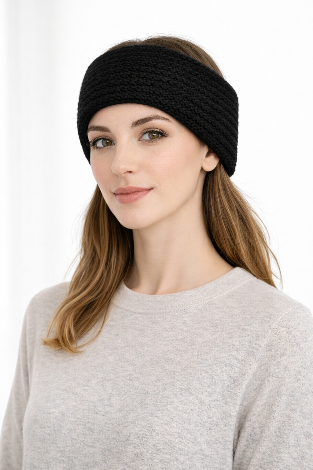 Fascia per capelli nera in maglia puro cashmere