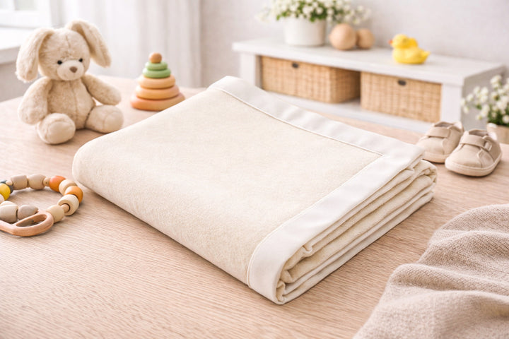 Coperta per culla o lettino beige bordo bianco