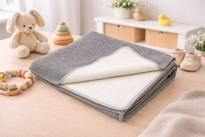 Coperta di cashmere per culla grigio e bianco naturale