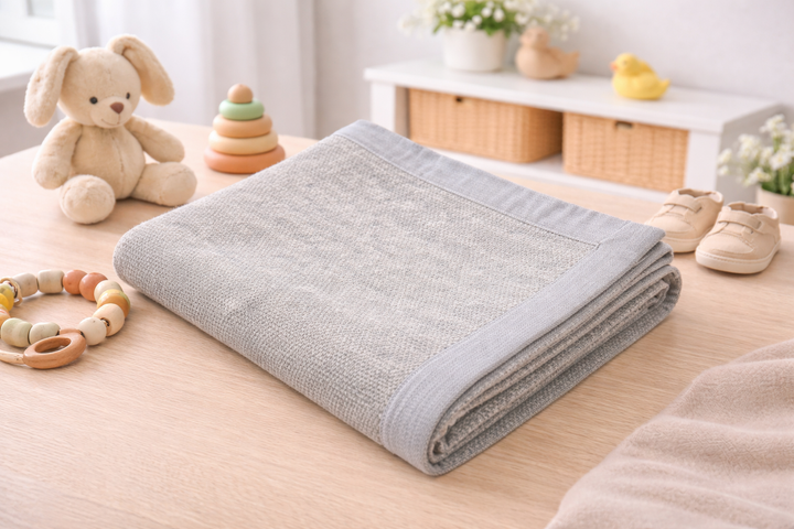 Coperta leggera grigio chiaro con bordo grigio per culla o lettino