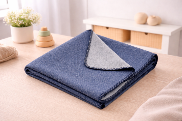 Coperta per lettino leggera double face di lana e cashmere blu e greggio
