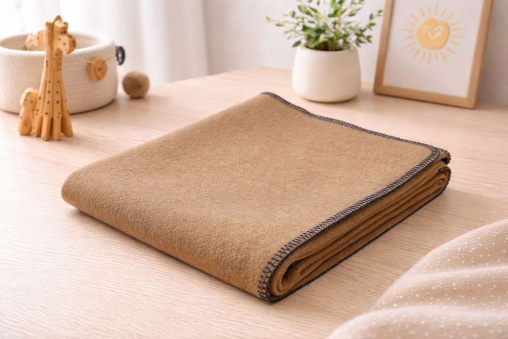 Coperta di puro cammello invernale per culla con bordo blu