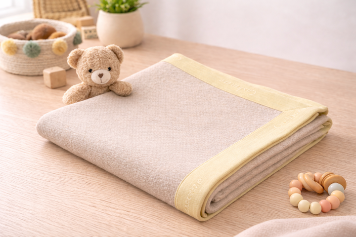 Coperta per culla di cashmere leggera color beige e bordo giallo chiaro
