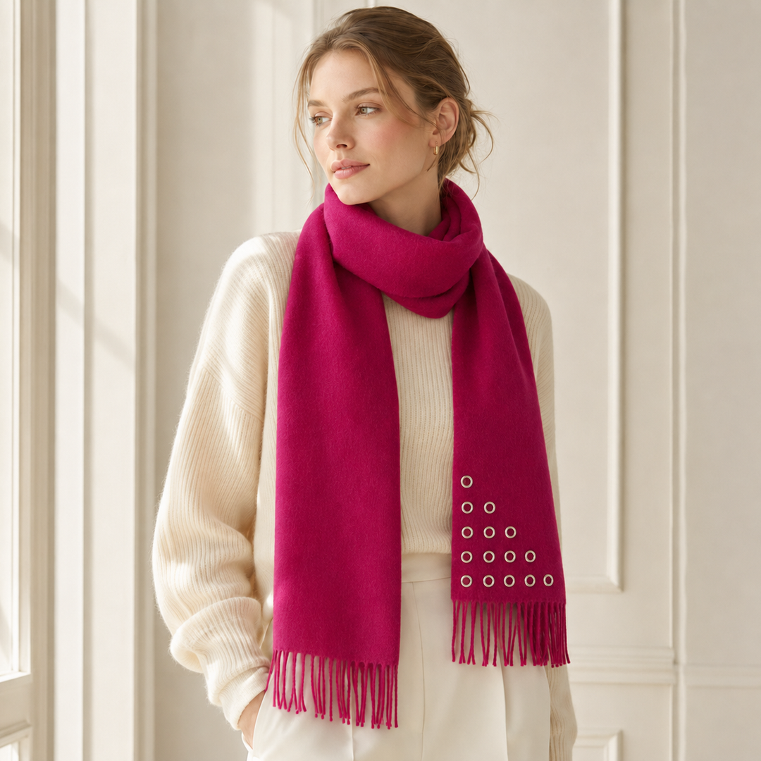 Sciarpa di cashmere ciclamino con anellini metallici