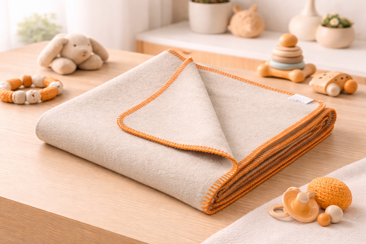 coperta cashmere e seta per culla beige e bordo arancione