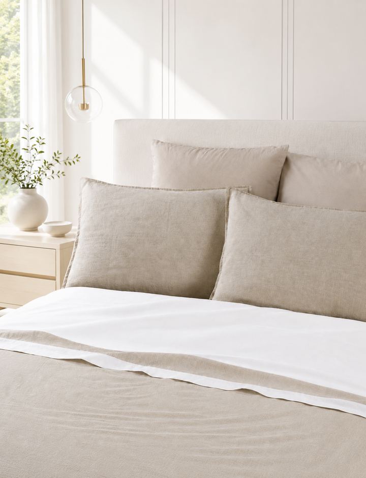 Pure Cotton Sheet Set with Linen Border and Pillowcases CHELSEA