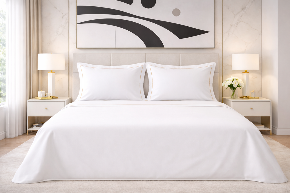 Lenzuola di cotone bianco con cordonetto beige